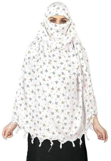 White Rayon Floral Printed Prayer Scarf with Tassels