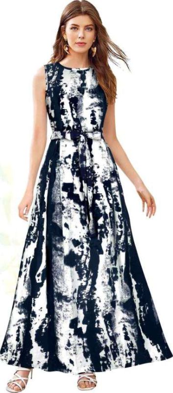 Ladies Abstract Print Crepe Sleeveless Long Gown