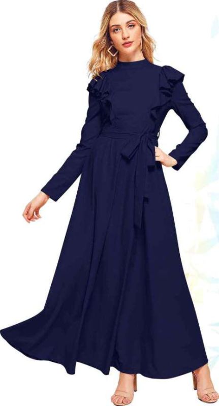 Ladies Elegant Navy Ruffle Detail Maxi Dress