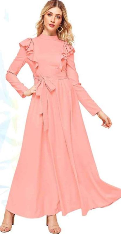 Ladies Peach Solid Long Gown