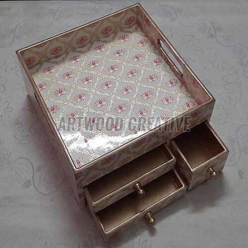 Polished Wooden Printed Serving Tray With Drawer, Color : Pink