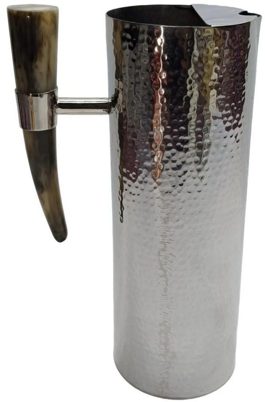 Modern Hammered Metal Jug with Natural Horn Handle Decor