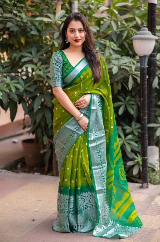 Allover Bandhej Print Cut Broad Border Soft Jute Silk Saree