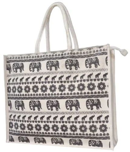 White Base Elephant Printed Jute Canvas Bag