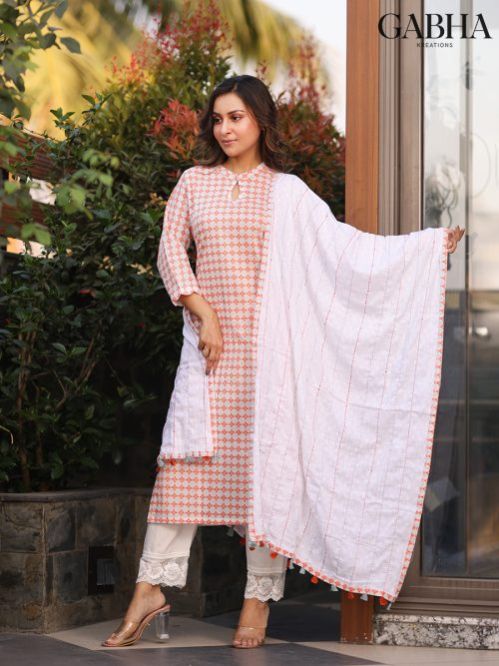 Cotton Embroidery Striped Kurta Set with Dupatta