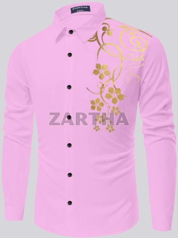 Mens Pink Regular Fit Cotton Printed Shirt