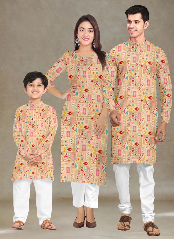 Cotton Printed Beige Family Combo Kurta Kurti Set