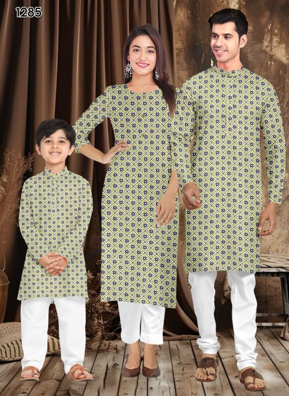 Cotton Printed Light Green Family Combo Kurta Kurti Set