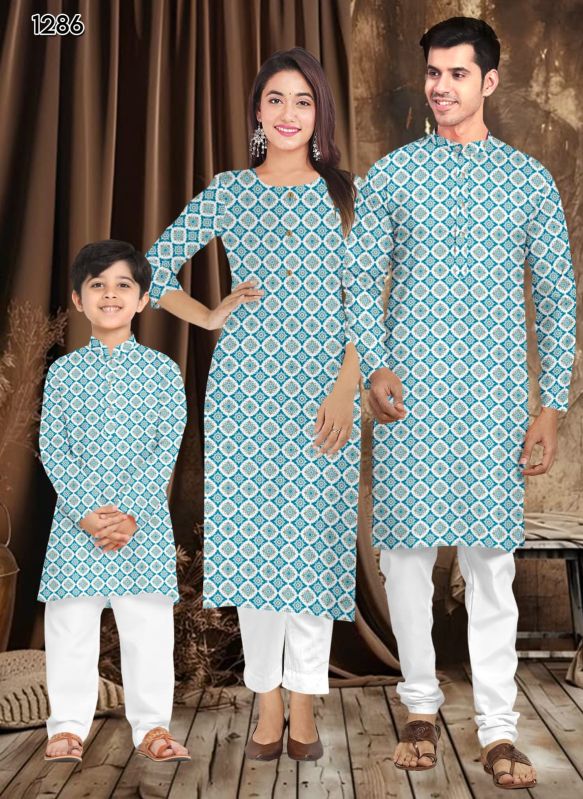 Cotton Printed Sky Blue Family Combo Kurta Kurti Set