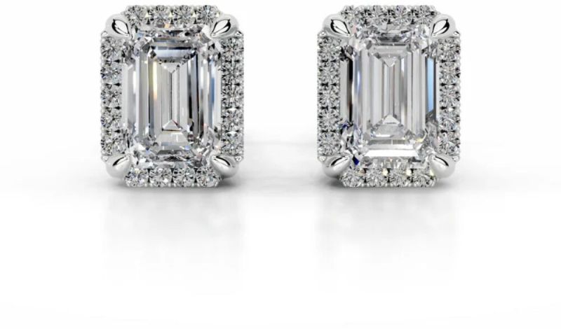 1.50 Carat Emerald and Round Cut Lab Diamond Stud Earring 14K White Gold