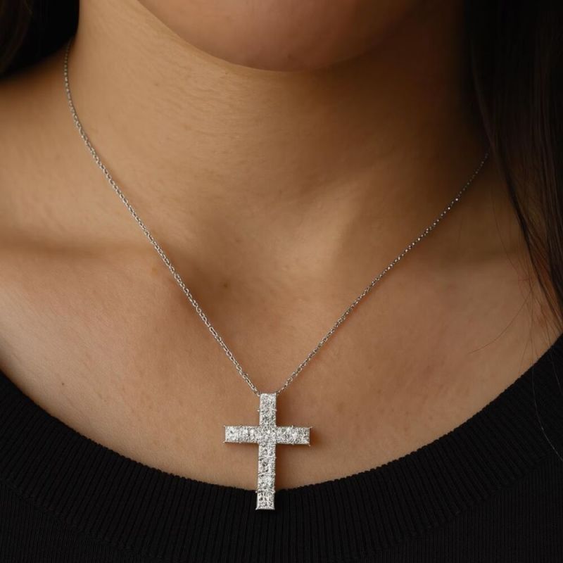 2Ct Princess Cut Lab Diamond Cross Pendant 14K White Gold Vvs Clarity E Color IGI Certified