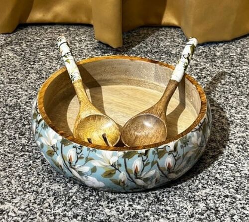 Wooden Salad Bowl with Spoon and Fork