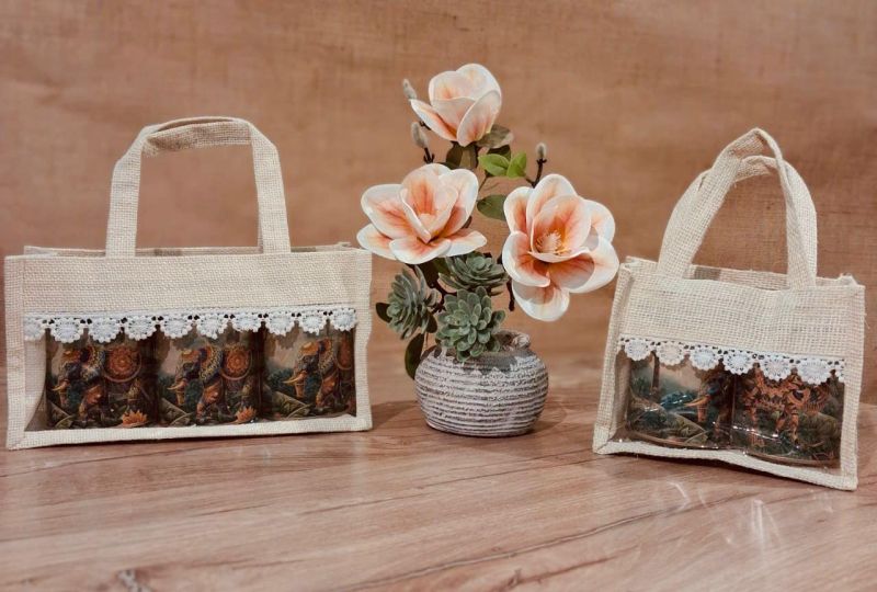 Crochet Lace Off White Jute Jar Bag