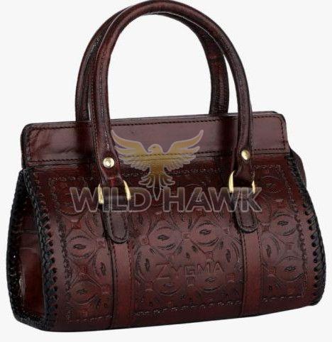 Hand Tooled Oxblood Leather Bowling Bag Style Handbag
