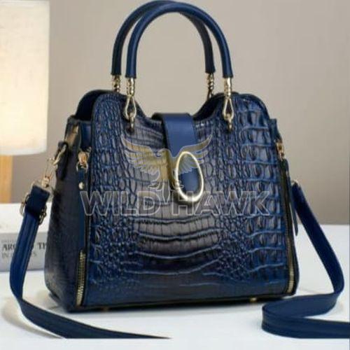 Navy Blue Croc Embossed Handbag with Shoulder Strap