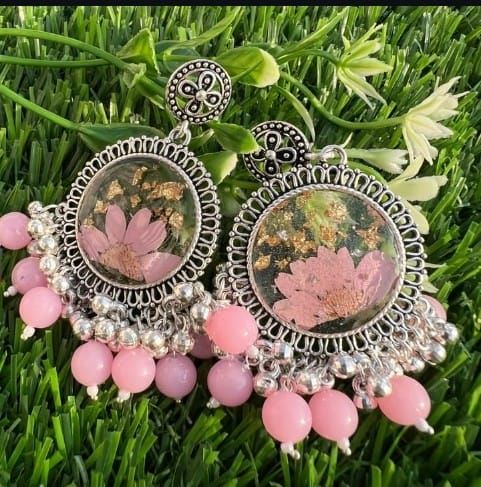 Round Pink Beaded Resin Jhumka Earrings