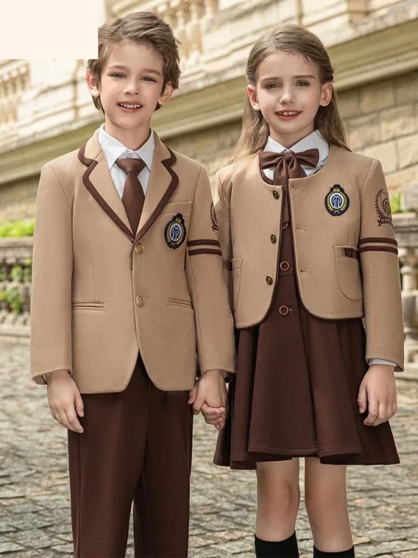 Kids Cotton Blend Beige Brown Trim School Blazer