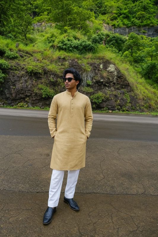 Mens Cotton Blend Beige Kurta White Pajama Set