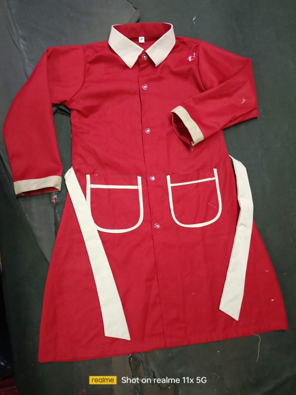 Womens Cotton Blend & Red Beige Trim Uniform Dress