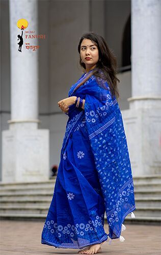 Printed handblock blue Silk Saree, Saree Length : 6.3 Meter