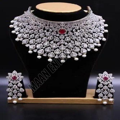 Rhodium-plated Brass Artificial Diamond & Ruby Choker Set
