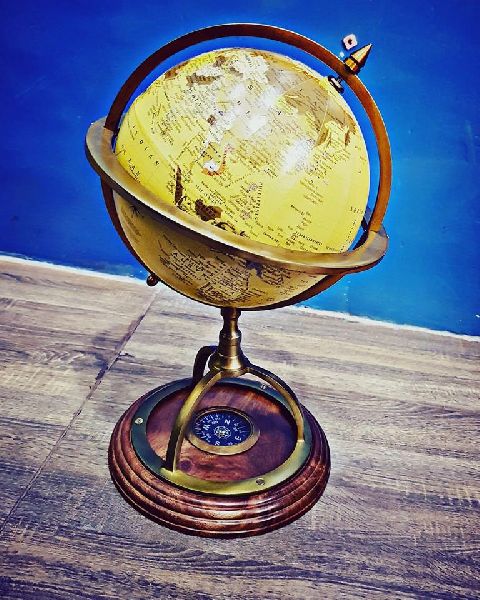 Antique Wooden Base Globe With Compass
