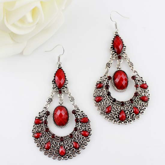 Fayon Weekend Party Antique Silver Red Drop Earrings Fy