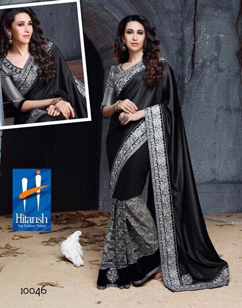 Lycra Designer Embroidery Sari, Color : SILVER METALIC BLACK