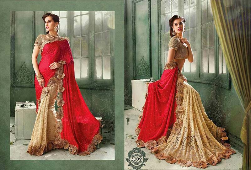 Lycra Embroidery Designer Saree, Color : RED CREAM GOLDEN