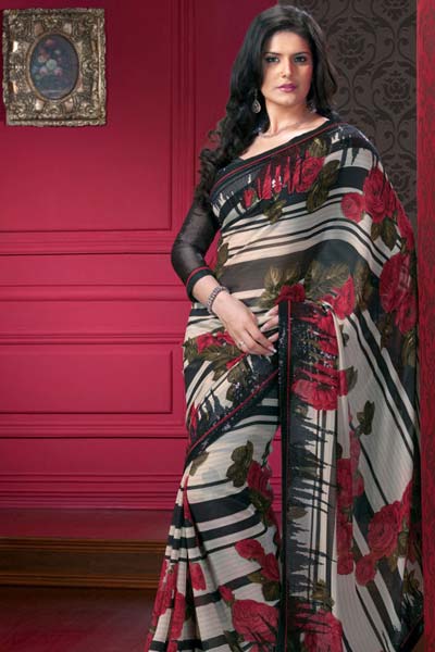 Elegant Black & Red Printed Saree