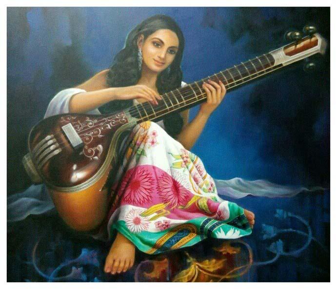 Indian lady with sitar oil painting.