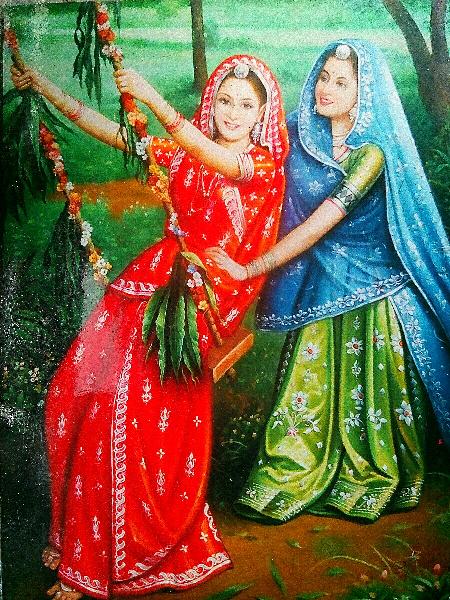 Rajasthani ladies playing zula oil painting