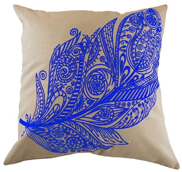 Embroidered Blue Feather Cushion Cover