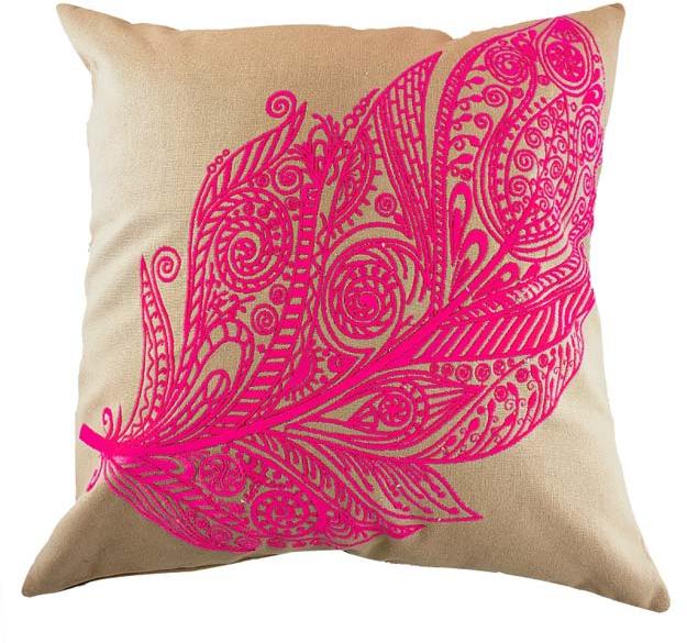 Embroidered Pink Feather Cushion Cover
