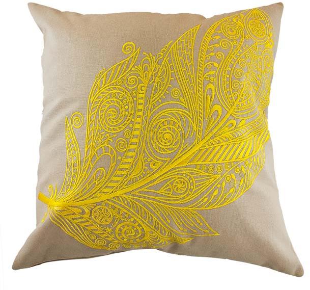 Embroidered Yellow Feather Cushion Cover