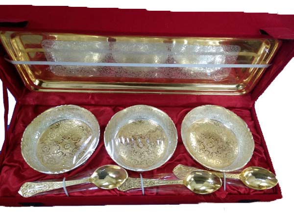 Silver & gold plated bowl tray spoons
