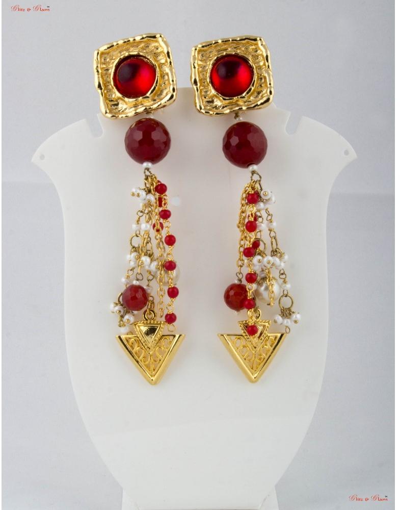 Fashion Jewellery Earrings - Brown garnets and blood red rubies set