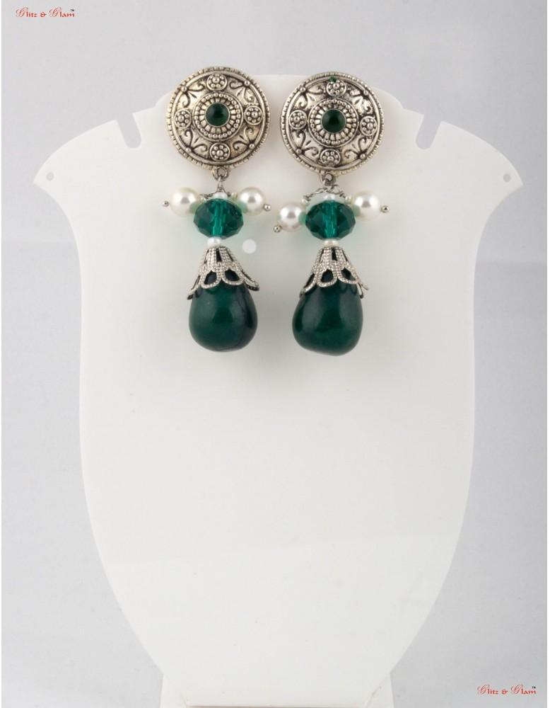 Fashion Jewellery Earrings - Emerald green drop with a silver touch