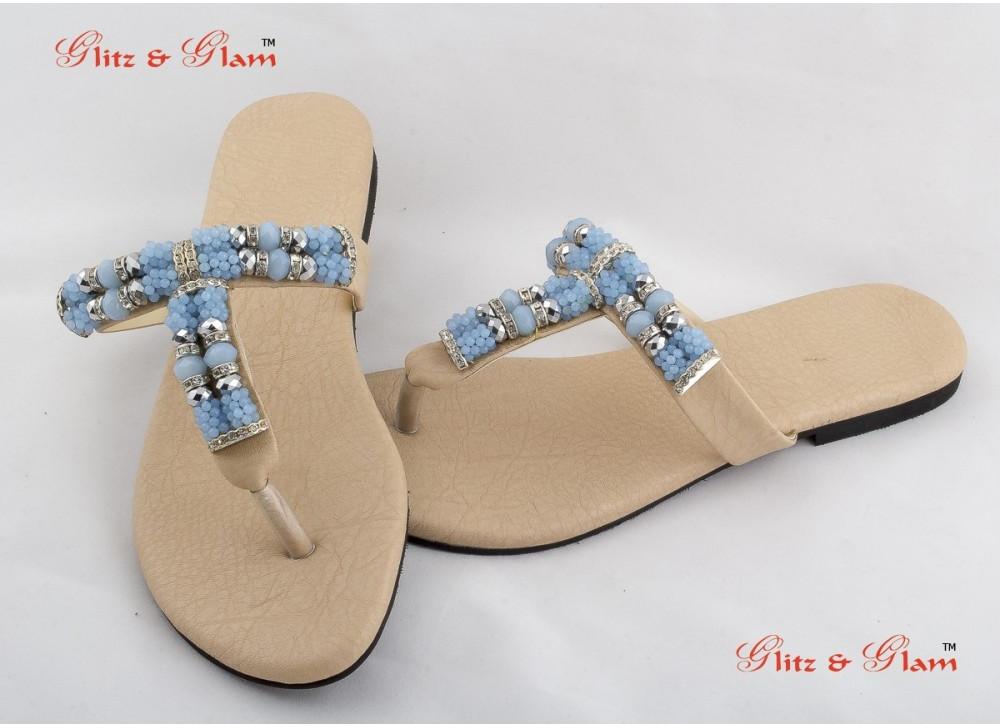 Fashion Sandals - T shape upper designed with shades of blue beads