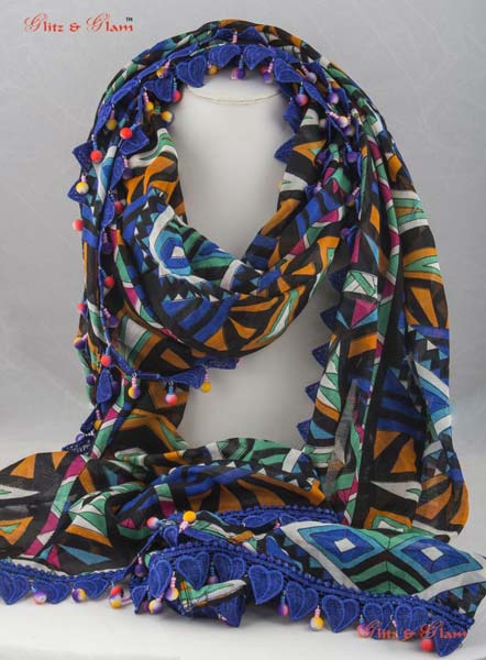 Scarf - Tribal obsession scarf with a royal blue lace border