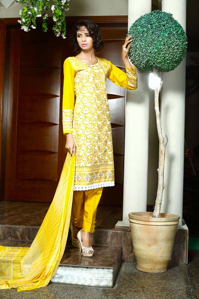 Yellow Pakistan Lawn Embroidered Dress Material