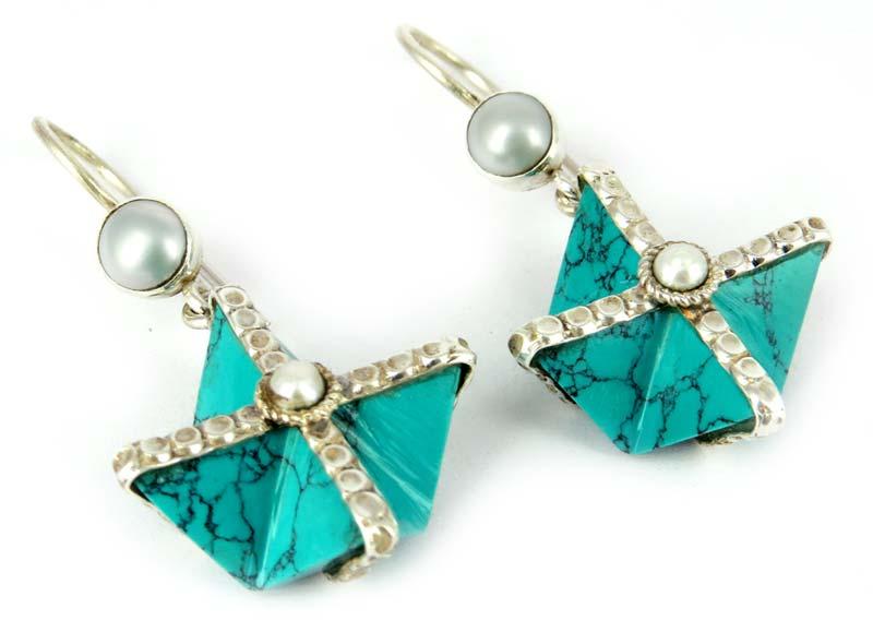 Fancy Turquoise Pearl Sterling Silver Earring, Color : Green, White
