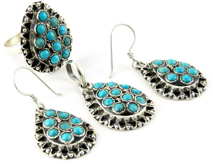 Melody Turquoise Oxidized Rava Work 925 Sterling Silver Jewelry Set