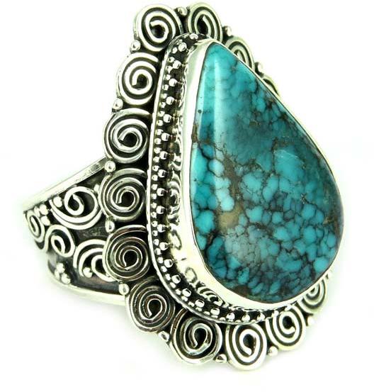 Rare Earths Wisdom Rava Work Turquoise 925 Sterling Silver Ring