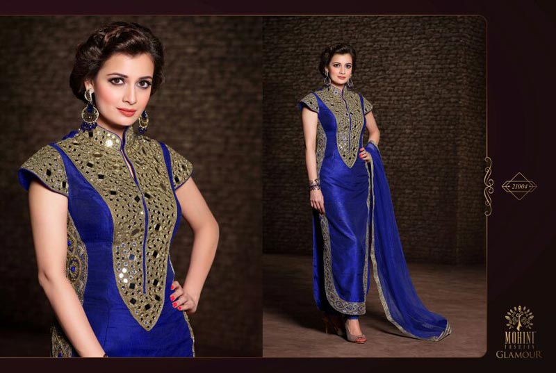 FS1090 Banglori Silk Mirror Work Blue Semi Stitched Staight Suit
