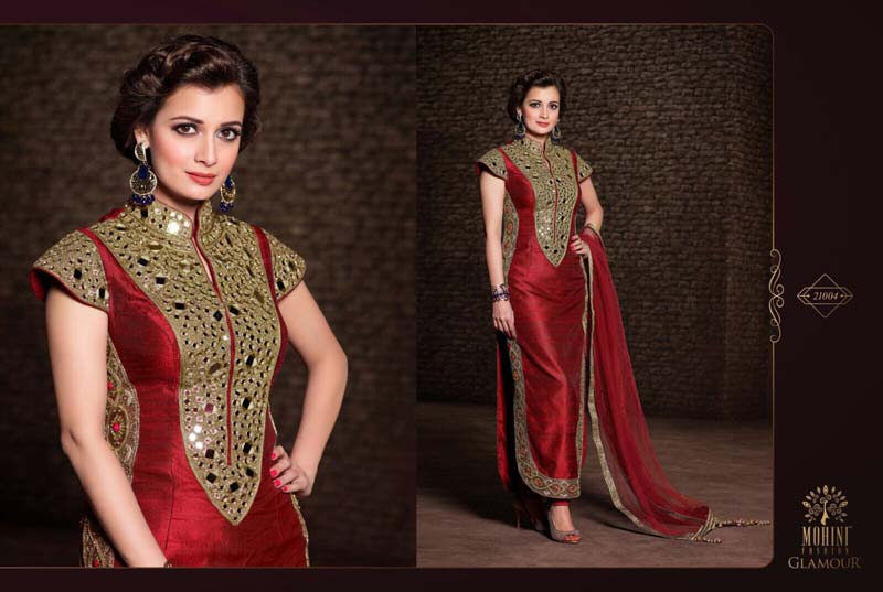 Fs1080 Banglori Silk Mirror Work Red  Semi Stitched Staight Suit