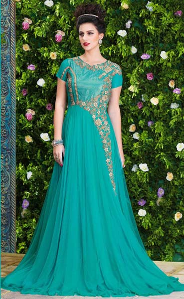 Fs2210 Georgette Embrodary Bottle Green Semi Stitched Gown