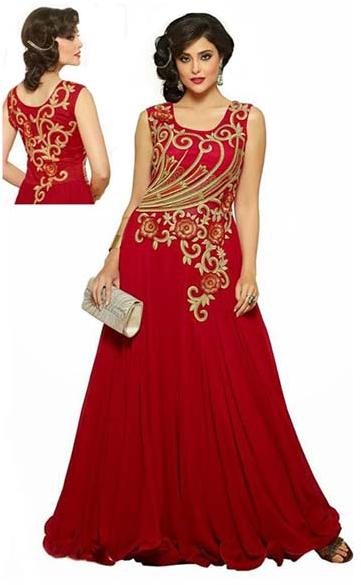 Fs2340 Georgette Embrodary Work Red Semi Stitched Anarkali Type Gown