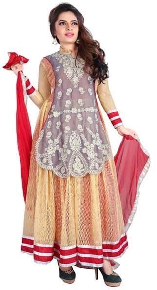 Fs2430 aryadress Cream/Red makhhi net embrodary work  anarkali type su