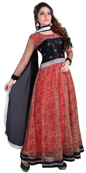 Fs2460 aryadress red/mustd Georgett net embrodary work  anarkali type